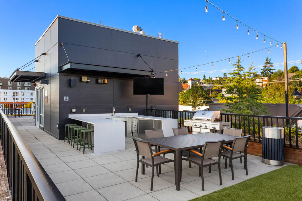 Exterior of Contour Apartments in the evening, Interbay Seattle