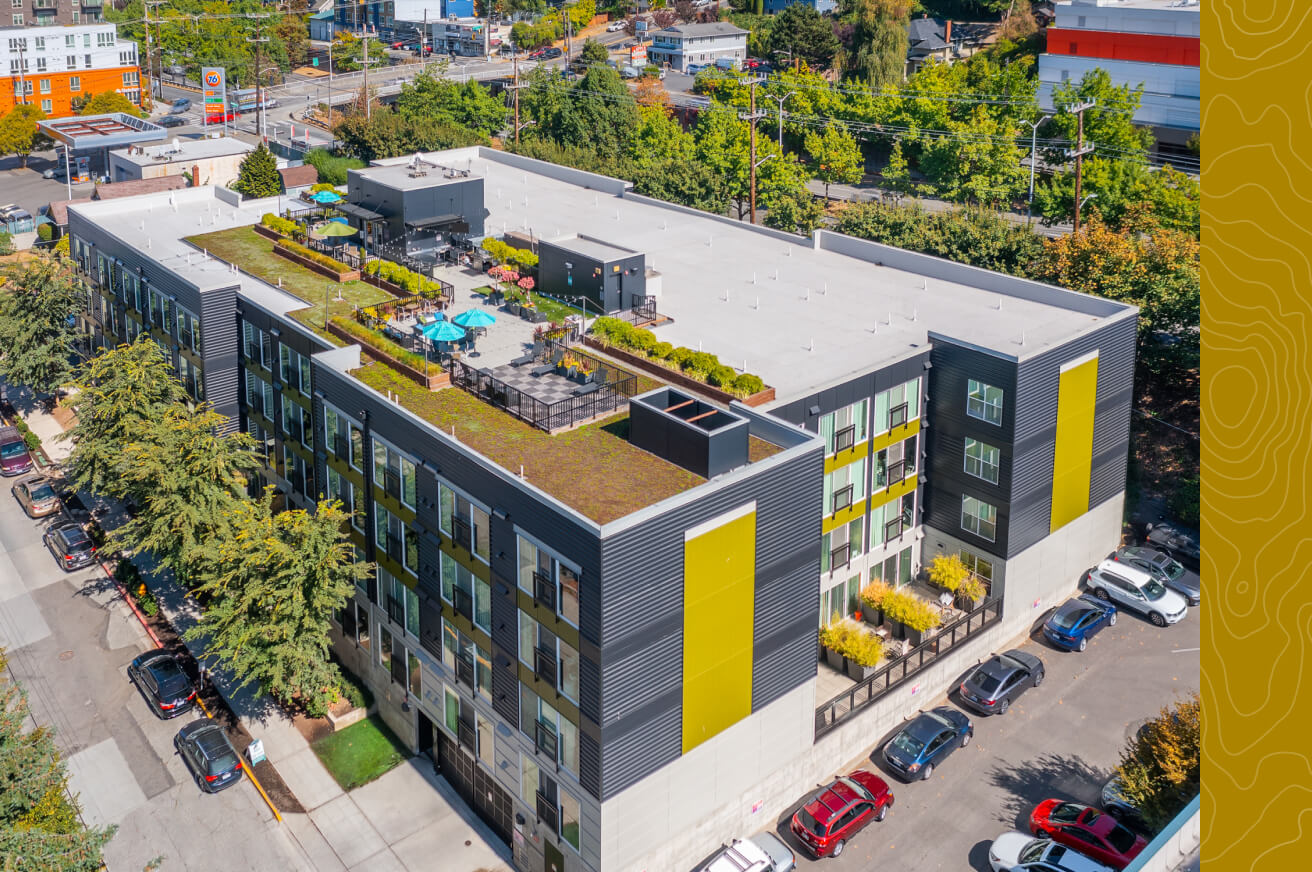 Aerial view of Contour Apartments and its rooftop deck in Interbay, Seattle