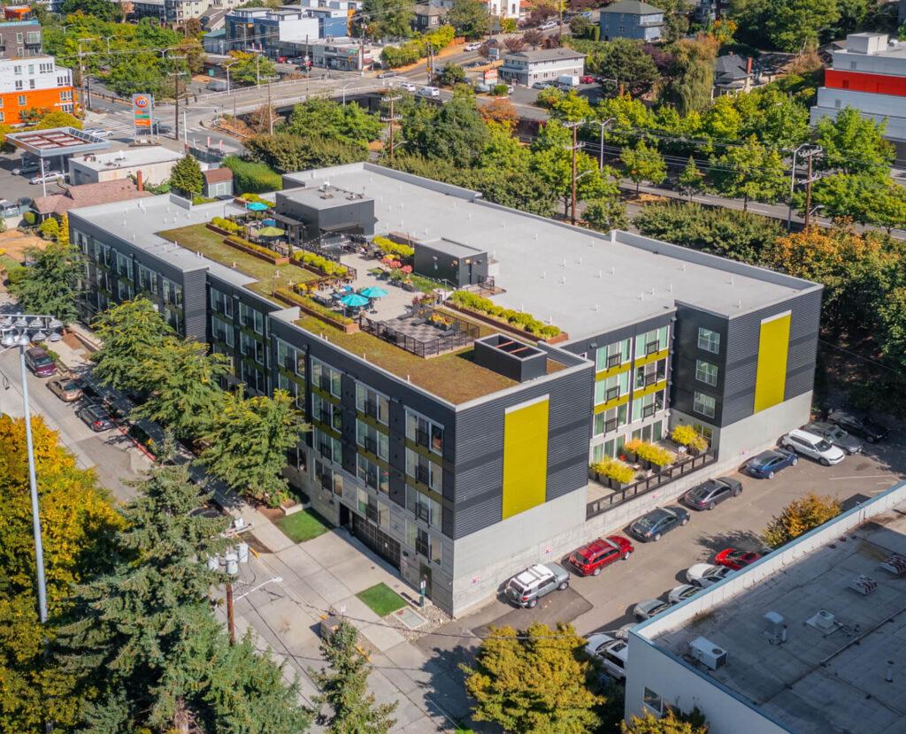 Aerial view of Contour Apartments and the surrounding Interbay neighborhood
