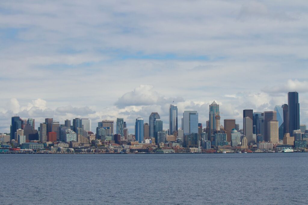 Paved waterfront bike and walking path along Elliott Bay in Seattle